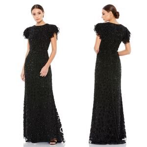 Mac Duggal Petite Embellished Cap Sleeve Fully Beaded Gown Black Women 2 NWOT